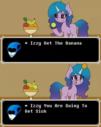 Size: 3277x4096 | Tagged: safe, artist:mrneo, derpibooru import, izzy moonbow, unicorn, ball, banana, deltarune, dialogue, food, g5, get the banana, image, jpeg, orange, queen (deltarune), tennis ball, text box