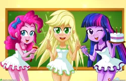 Size: 2000x1277 | Tagged: safe, artist:dieart77, derpibooru import, applejack, pinkie pie, twilight sparkle, equestria girls, cake, food, image, jpeg