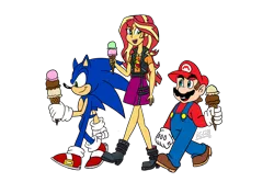 Size: 2550x1689 | Tagged: safe, artist:arcadegamemaster, derpibooru import, sunset shimmer, equestria girls, equestria girls series, crossover, food, ice cream, ice cream cone, image, nintendo, png, sega, sonic the hedgehog, sonic the hedgehog (series), super mario bros.