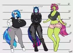 Size: 4500x3300 | Tagged: safe, artist:chango-tan, derpibooru import, vinyl scratch, oc, oc:arcade fever, oc:memory, oc:pluto planitia, android, anthro, robot, unguligrade anthro, unicorn, armor, big breasts, blushing, breasts, cleavage, clothes, cutie mark, cutie mark on clothes, dead space, female, happy, helmet, huge breasts, image, implied octavia, impossibly large breasts, png, reasonably sized breasts, shorts, size chart, size comparison, triforce, vinyl's glasses