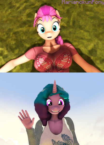 Size: 3096x4320 | Tagged: safe, artist:marianokun, derpibooru import, izzy moonbow, sunny starscout, anthro, 3d, breasts, busty sunny starscout, clothes, g5, grass, hi new friend, image, looking at each other, mini comic, png, sky, smiling, source filmmaker