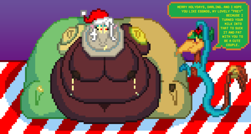 Size: 1284x685 | Tagged: questionable, artist:jacalope, derpibooru import, idw, discord, anthro, draconequus, belly, big belly, big breasts, blob, breasts, ceridwen, christmas, crack shipping, eggnog, eris, fat, female, hat, holiday, huge eris, image, knights of harmony, lactation, lesbian, milk, mistletoe, morbidly obese, obese, pixel art, png, rule 63, santa hat, shipping, speech bubble