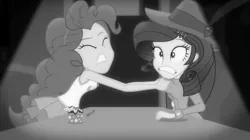 Size: 1920x1078 | Tagged: safe, derpibooru import, screencap, pinkie pie, rarity, equestria girls, equestria girls series, rarity investigates: the case of the bedazzled boot, black and white, grayscale, image, monochrome, png
