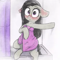 Size: 3000x3000 | Tagged: suggestive, artist:t72b, derpibooru import, octavia melody, earth pony, pony, bathtub, bipedal, bipedal leaning, blushing, covering, embarrassed, floppy ears, image, leaning, looking at you, png, shower, solo, surprised, towel, wet, wet mane
