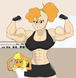 Size: 1606x1651 | Tagged: safe, artist:matchstickman, derpibooru import, applejack, pear butter, anthro, earth pony, pony, abs, biceps, breasts, busty pear butter, clothes, dumbbell (object), duo, female, filly, filly applejack, fingerless gloves, flexing muscles, gloves, grin, gritted teeth, gym, image, looking at you, mare, matchstickman's pear buffer series, mother and child, mother and daughter, muscles, muscular female, pear buffer, pecs, png, shirt, shorts, smiling, sports bra, sports shorts, triceps, younger