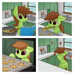 Size: 2240x2240 | Tagged: safe, artist:keupoz, derpibooru import, oc, unofficial characters only, earth pony, pony, baking, baking sheet, book, bowl, commission, cookie, cooking, cutie mark, earth pony oc, facehoof, food, image, kitchen, oven, png, sink, spoon, window