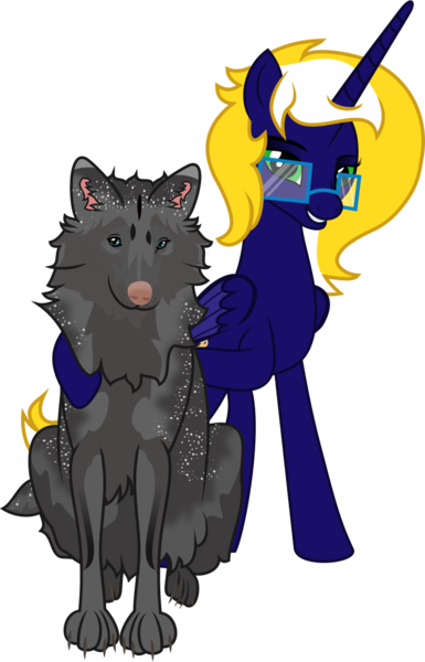 Size: 721x1124 | Tagged: safe, artist:lincolnbrewsterfan, derpibooru import, oc, oc:time vortex (northerndawn), oc:zima the wolf, unofficial characters only, alicorn, pony, wolf, .svg available, alicorn oc, coat markings, derpibooru exclusive, dog nose, eyebrows, folded wings, front view, fur, glasses, grin, hoof around neck, horn, image, lidded eyes, looking at you, mane, multicolored eyes, multicolored iris, owned, paws, pet, petting, png, raised hoof, simple background, sitting, smiling, smiling at you, sparkles, tail, transparent background, vector, wings