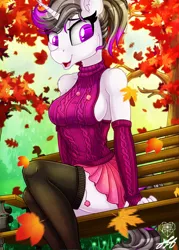 Size: 1465x2048 | Tagged: safe, artist:stainedglasslighthea, derpibooru import, oc, oc:hazel radiate, unofficial characters only, anthro, pony, unicorn, anthro oc, autumn, bench, breasts, clothes, commission, commissioner:biohazard, evening gloves, eye clipping through hair, eyebrows, eyelashes, female, fingerless elbow gloves, fingerless gloves, gloves, highlights, horn, image, jpeg, leaves, long gloves, mare, open mouth, open smile, pleated skirt, ponytail, purple eyes, shoulder fluff, shoulderless, sideboob, sitting, skirt, smiling, socks, solo, stockings, thigh highs, thighs, unicorn oc, ych result