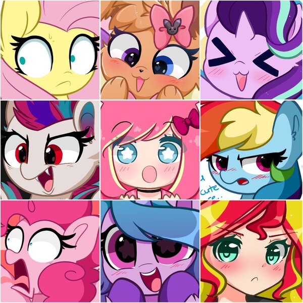 Size: 2048x2048 | Tagged: safe, artist:kittyrosie, derpibooru import, edit, fluttershy, izzy moonbow, pinkie pie, rainbow dash, starlight glimmer, sunset shimmer, zipp storm, oc, oc:rosa flame, bat pony, earth pony, eevee, pegasus, pony, unicorn, equestria girls, my little pony: a new generation, ><, blushing, collage, cute, eyes closed, female, g5, glimmerbetes, image, izzybetes, jpeg, mare, open mouth, open smile, pokémon, shrunken pupils, smiling, tongue out, tsunderainbow, tsundere