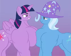 Size: 2876x2263 | Tagged: suggestive, artist:pandatarius, derpibooru import, trixie, twilight sparkle, twilight sparkle (alicorn), alicorn, pony, unicorn, female, fetish, grand and muscular trixie, image, lesbian, muscle fetish, muscles, pecs, png, shipping, twilight muscle, twixie