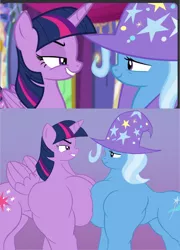 Size: 2876x3985 | Tagged: suggestive, artist:pandatarius, derpibooru import, screencap, trixie, twilight sparkle, twilight sparkle (alicorn), alicorn, pony, unicorn, no second prances, comparison, female, fetish, grand and muscular trixie, image, lesbian, looking at each other, mare, muscle fetish, muscles, pecs, png, shipping, twilight muscle, twixie