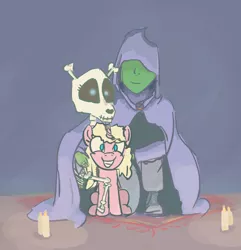 Size: 1400x1450 | Tagged: safe, anonymous artist, derpibooru import, oc, oc:anon, unofficial characters only, human, pony, skeleton pony, unicorn, /mlp/, 4chan, bone, candle, cloak, clothes, family photo, father and child, father and daughter, female, filly, foal, grin, hood, image, looking at you, male, mother and child, mother and daughter, necromancer, parent and child, png, reversed gender roles equestria, reversed gender roles equestria general, skeleton, smiling