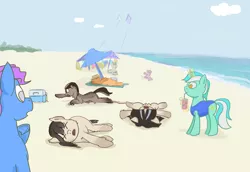 Size: 1600x1100 | Tagged: artist needed, safe, derpibooru import, lyra heartstrings, oc, oc:cold shoulder, oc:frosty flakes, oc:winter wonder, earth pony, pony, taiga pony, unicorn, adorable distress, beach, clothes, cute, dehydrated, eyes closed, female, glow, glowing horn, horn, image, kite, magic, ocean, open mouth, overheated, png, raised hoof, raised leg, requested art, swimsuit, telekinesis, underhoof