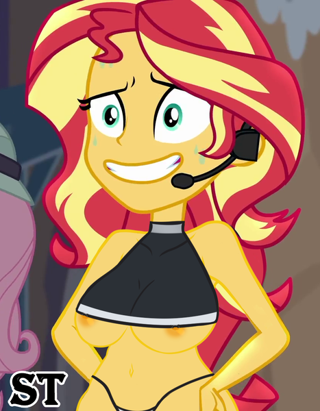 Size: 840x1080 | Tagged: questionable, artist:steca, derpibooru import, edit, edited edit, edited screencap, screencap, fluttershy, sunset shimmer, equestria girls, equestria girls series, opening night, areola, areola slip, big breasts, breast edit, breasts, busty sunset shimmer, clothes, cropped, erect nipples, female, grin, image, nervous, nervous grin, nipples, nudity, offscreen character, offscreen female, panties, partial nudity, partial nudity edit, png, smiling, solo focus, sweat, thong, underboob, undernipple, underwear