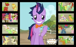Size: 1280x790 | Tagged: safe, artist:bigsnusnu, derpibooru import, granny smith, twilight sparkle, earth pony, pony, unicorn, comic:dusk shine in pursuit of happiness, apple family reunion, apple, apple family member, banjo, bouquet, bow ties, dusk shine, female, filly, flower, food, grin, groom, hat, image, implied wedding, musical instrument, nervous, nervous grin, noogie, pie, png, rule 63, smiling, stool, violin, yelling