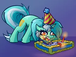 Size: 4000x3000 | Tagged: safe, artist:witchtaunter, derpibooru import, lyra heartstrings, pony, unicorn, birthday, birthday cake, cake, candle, derp, ear fluff, eating, faic, food, full mouth, gradient background, hat, image, l.u.l.s., majestic as fuck, open mouth, party hat, png, solo