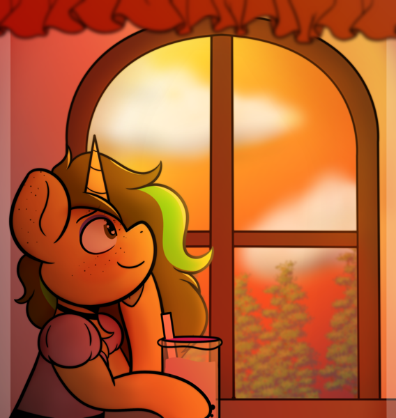 Size: 3060x3231 | Tagged: safe, artist:theawkwarddork, derpibooru import, oc, oc:awkward dork, pony, unicorn, autumn, boba tea, bubble tea, clothes, dress, eyeshadow, femboy, freckles, image, makeup, male, png, relaxing, solo, sunset, window