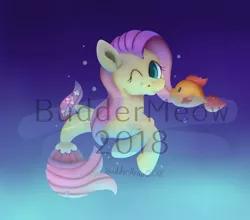 Size: 953x838 | Tagged: safe, artist:buddermeow, derpibooru import, fluttershy, fish, pegasus, pony, seapony (g4), blue background, bubble, dorsal fin, fish tail, flowing tail, green eyes, image, jpeg, looking at you, ocean, one eye closed, pink mane, seaponified, seapony fluttershy, simple background, smiling, solo, species swap, tail, underwater, water, watermark, wink