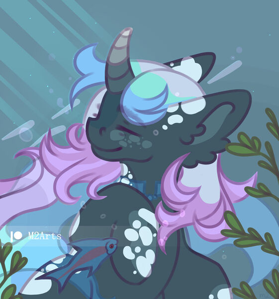 Size: 1600x1710 | Tagged: safe, artist:sam2up, derpibooru import, oc, unofficial characters only, fish, pony, unicorn, crepuscular rays, curved horn, ear fluff, eyes closed, flowing mane, horn, image, jpeg, ocean, seaweed, signature, smiling, solo, swimming, underwater, water