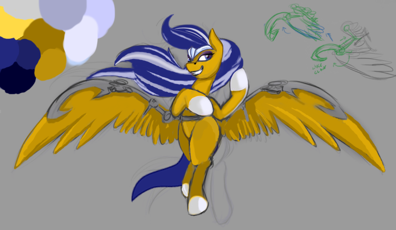 Size: 786x457 | Tagged: safe, artist:firehearttheinferno, derpibooru import, oc, oc:vanity, oc:vanity angel, pegasus, pony, fallout equestria, blade, blue eyes, blue mane, concept art, concept for a fanfic, confident, diagram, digital art, digital sketch, fallout equestria: equestria the beautiful, floating, flying, gliding, golden coat, graceful, image, png, pride, silver mane, sindicate seven, solo, straps, weapon, white hooves, wind, windswept mane, wingblade, wings, wip, yellow coat