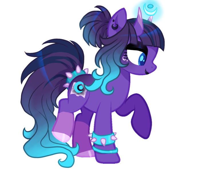 Size: 1754x1440 | Tagged: safe, artist:clown-bread, derpibooru import, oc, unofficial characters only, bicorn, pony, base used, bracelet, female, horn, image, magical lesbian spawn, makeup, mare, multiple horns, offspring, parent:princess luna, parent:twilight sparkle, parents:twiluna, png, raised hoof, simple background, smiling, solo, spiked wristband, transparent background, wristband