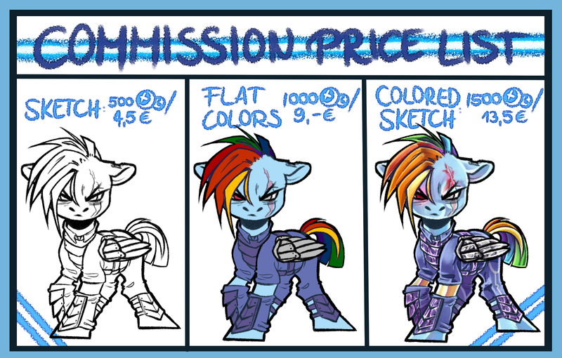 Size: 2366x1507 | Tagged: safe, artist:schokocream, derpibooru import, rainbow dash, pegasus, pony, advertisement, alternate timeline, apocalypse dash, armor, commission info, crystal war timeline, eye scar, female, image, mare, png, scar