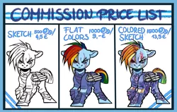 Size: 2366x1507 | Tagged: safe, artist:schokocream, derpibooru import, rainbow dash, pegasus, pony, advertisement, alternate timeline, apocalypse dash, armor, commission info, crystal war timeline, eye scar, female, image, mare, png, scar