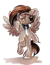 Size: 1550x1984 | Tagged: safe, artist:schokocream, derpibooru import, oc, unofficial characters only, pegasus, pony, bipedal, eyes closed, image, laughing, necktie, pegasus oc, png, solo, wings