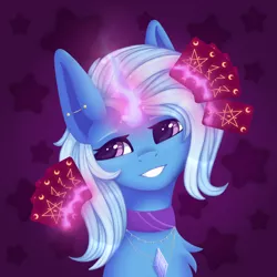 Size: 1280x1280 | Tagged: safe, artist:artsyplanetz, derpibooru import, trixie, pony, unicorn, card, female, glow, glowing horn, grin, horn, image, magic, mare, png, smiling, solo, telekinesis