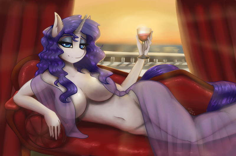 Size: 1634x1080 | Tagged: questionable, artist:shamziwhite, derpibooru import, rarity, anthro, unguligrade anthro, alcohol, areolae, artistic nudity, big breasts, breasts, covered, female, glass, image, looking at you, lying, lying down, my little pony, nudity, png, side, solo, sunset, wine