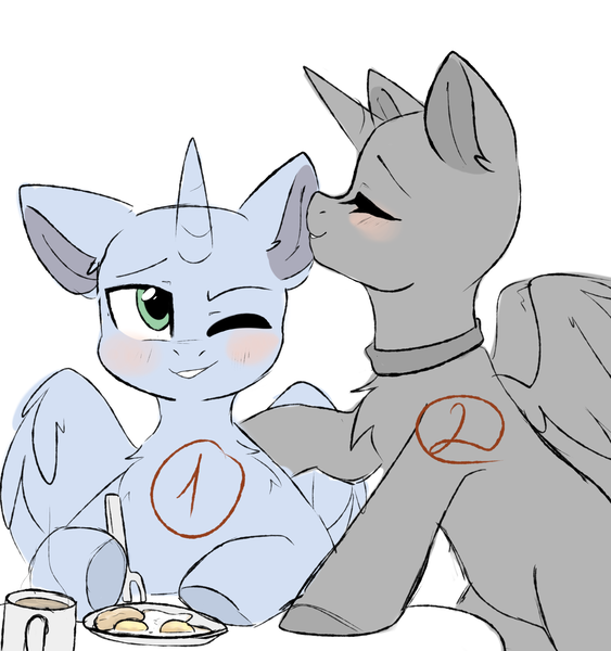 Size: 3000x3200 | Tagged: safe, artist:thieftea, derpibooru import, oc, alicorn, earth pony, pegasus, pony, unicorn, auction open, coffee cup, collar, commission, cup, duo, food, fork, fried egg, image, kissing, one eye closed, png, simple background, smiley face, smiling, white background, wink, your character here, your character here auction