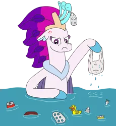 Size: 2448x2661 | Tagged: safe, artist:supahdonarudo, derpibooru import, queen novo, seapony (g4), my little pony: the movie, angry, cross-popping veins, fork, holding, image, ocean, plastic bag, png, pollution, queen novo is not amused, rubber duck, simple background, soda can, transparent background, water, water bottle, wrapper