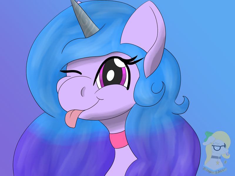 Size: 1600x1200 | Tagged: safe, artist:gray star, derpibooru import, izzy moonbow, unicorn, my little pony: a new generation, :p, collar, derpibooru exclusive, g5, image, jpeg, one eye closed, tongue out, wink