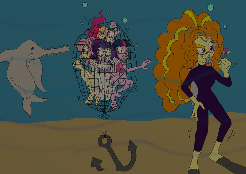 Size: 2547x1796 | Tagged: safe, artist:bugssonicx, derpibooru import, adagio dazzle, fluttershy, pinkie pie, rarity, twilight sparkle, equestria girls, bondage, clothes, image, net, png, sawfish, scuba, swimsuit, underwater