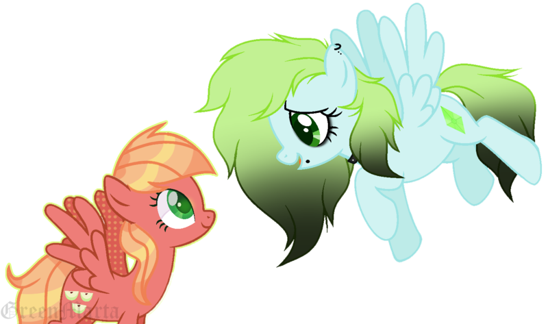 Size: 1484x878 | Tagged: safe, artist:greenmarta, artist:starshame, derpibooru import, oc, oc:emerald gemstar, oc:sweet apple, unofficial characters only, pegasus, pony, base used, collaboration, duo, duo female, female, flying, image, looking at each other, mare, offspring, parent:big macintosh, parent:fluttershy, parents:fluttermac, png, simple background, transparent background