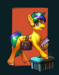 Size: 3000x3795 | Tagged: safe, artist:lynxwolf, derpibooru import, oc, oc:artrell, unofficial characters only, earth pony, pony, bag, case, chest fluff, clipboard, cute, earth pony oc, glasses, image, male, pencil, png, saddle bag, safety glasses, screwdriver, solo, stallion, standing, toolbox, tools, unshorn fetlocks, wrench