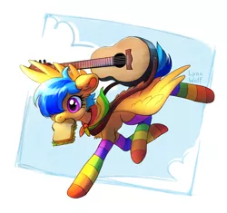 Size: 3364x3160 | Tagged: safe, artist:lynxwolf, derpibooru import, oc, oc:eclair winglain, unofficial characters only, pegasus, bandana, chest fluff, clothes, cute, food, guitar, image, musical instrument, pegasus oc, png, rainbow colors, running, sandwich, sky, socks, solo, spread wings, unshorn fetlocks, wings
