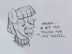 Size: 2048x1536 | Tagged: safe, artist:mellodillo, derpibooru import, maud pie, earth pony, pony, bust, dialogue, eating, female, grayscale, image, jpeg, mare, monochrome, mouth hold, pencil drawing, rock, solo, traditional art