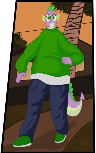 Size: 1249x2000 | Tagged: safe, artist:machstyle, derpibooru import, spike, anthro, dragon, background, definitive edition, derp, fail, grand theft auto, gta de, image, long neck, male, meme, png, shitposting, solo, walking