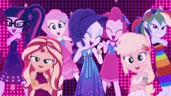 Size: 1136x640 | Tagged: safe, derpibooru import, screencap, applejack, fluttershy, pinkie pie, rainbow dash, rarity, sci-twi, sunset shimmer, twilight sparkle, equestria girls, equestria girls series, i'm on a yacht, spoiler:eqg series (season 2), humane five, humane seven, humane six, image, lidded eyes, looking at you, neon eg logo, png, pose, sleeveless