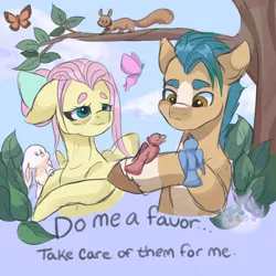 Size: 4000x4000 | Tagged: safe, artist:skyboundsiren, derpibooru import, fluttershy, hitch trailblazer, bird, butterfly, earth pony, insect, pegasus, rabbit, squirrel, animal, critter magnet, elderly, female, floppy ears, g4, g5, image, male, older, older fluttershy, passing the torch, png, the new fluttershy