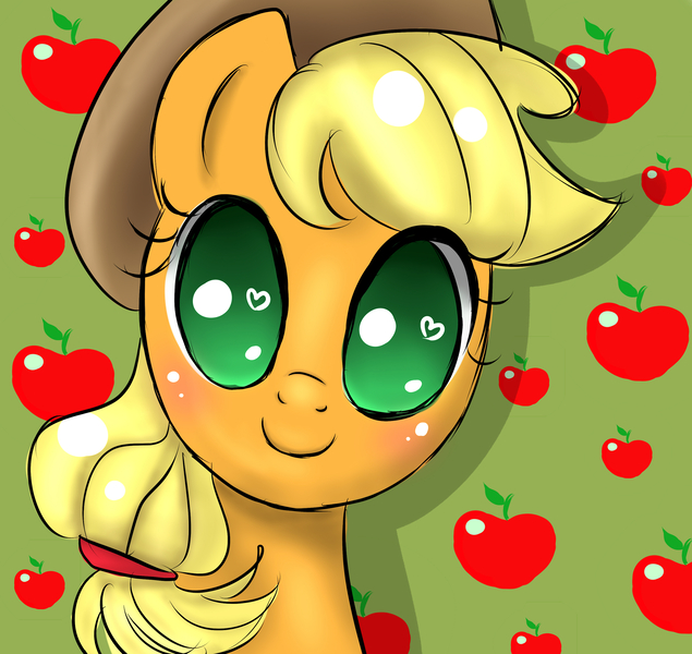 Size: 2978x2816 | Tagged: safe, artist:markianatc, derpibooru import, applejack, earth pony, pony, apple, bust, cute, cutie, dilated pupils, female, food, heart, heart eyes, image, jpeg, looking at you, portrait, smiling, smiling at you, solo, wingding eyes