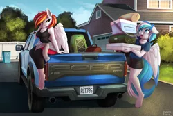 Size: 4000x2667 | Tagged: safe, artist:pony-way, derpibooru import, oc, oc:diamond sun, oc:hawker hurricane, unofficial characters only, anthro, pegasus, unguligrade anthro, car, clothes, female, ford, house, image, male, pickup truck, png