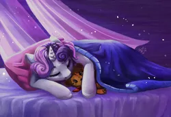 Size: 1900x1300 | Tagged: safe, artist:alina-sherl, derpibooru import, sweetie belle, pony, unicorn, bed, blanket, curtains, eyes closed, female, horn, image, plushie, png, sleeping, solo, teddy bear