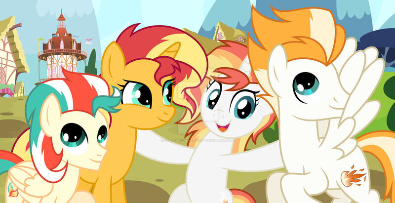 Size: 1024x526 | Tagged: safe, artist:velveagicsentryyt, derpibooru import, fire streak, sunset shimmer, oc, oc:shine brine, oc:sunshine, pegasus, pony, unicorn, female, image, jpeg, male, mare, offspring, parent:fire streak, parent:sunset shimmer, parents:sunsetstreak, shipping, straight, sunsetstreak