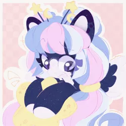 Size: 1500x1500 | Tagged: safe, artist:tsarstvo, derpibooru import, oc, unofficial characters only, pegasus, pony, abstract background, female, image, jpeg, looking away, mare, plushie, solo, star plushie, stars