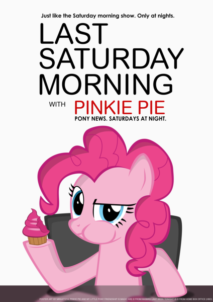 Size: 3307x4677 | Tagged: safe, artist:mrkat7214, derpibooru import, pinkie pie, earth pony, pony, chair, cupcake, eating, female, food, high res, image, irony, last saturday morning with pinkie pie, last week tonight with john oliver, mare, morning, parody, png, pony news, poster, saturday, smiling, smirk, solo, table, vector