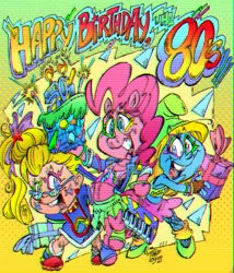 Size: 2484x2896 | Tagged: safe, artist:grotezco, artist:tokiotoyy2k, derpibooru import, pinkie pie, earth pony, human, pony, 80's fashion, 80s, bipeds, candle, cartoon, flares, food, glasses, glitch effect, happy birthday, image, joy, jpeg, makeup, party, pie, pinkish, pose, present, rainbow brite, smurfette, spoilers for another series, style, video