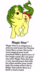 Size: 550x1000 | Tagged: safe, derpibooru import, official, magic star, earth pony, pony, adorablestar, bow, cute, female, g1, g1 backstory, image, jpeg, mare, my little pony fact file, official art, open mouth, open smile, smiling, solo, tail, tail bow