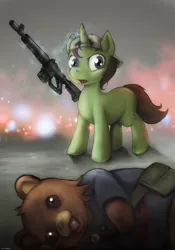 Size: 1600x2286 | Tagged: semi-grimdark, artist:darkdoomer, derpibooru import, oc, oc:anonfilly, pony, unicorn, cap, clothes, female, filly, gun, hat, image, pedobear, png, shirt, weapon